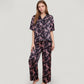 Satin Button-Up Pajama Set with Short Sleeve Notch Collar Top and Wide Leg Pants in Ribbon Print