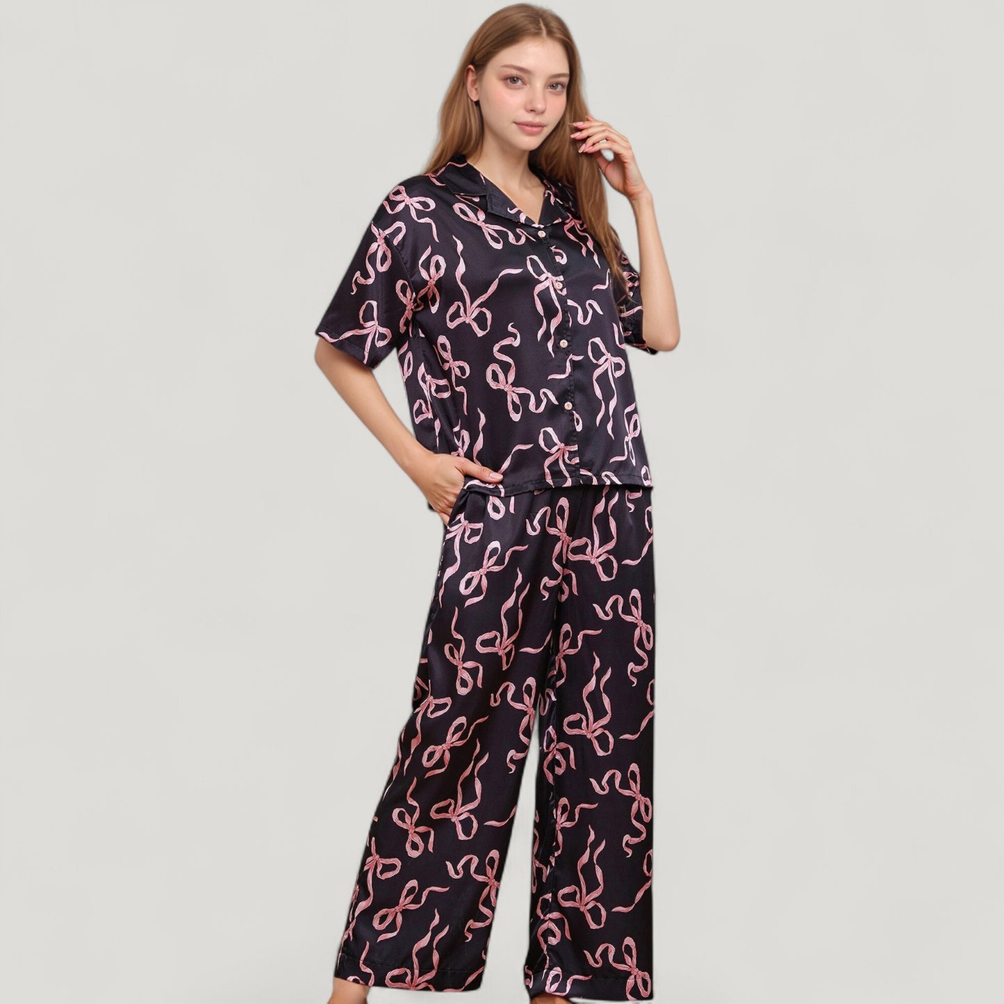 Satin Button-Up Pajama Set with Short Sleeve Notch Collar Top and Wide Leg Pants in Ribbon Print