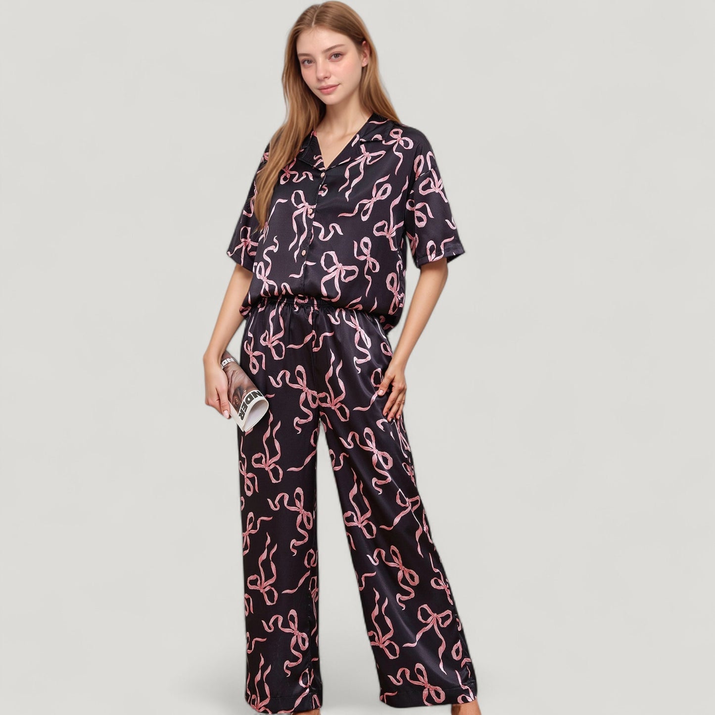 Satin Button-Up Pajama Set with Short Sleeve Notch Collar Top and Wide Leg Pants in Ribbon Print