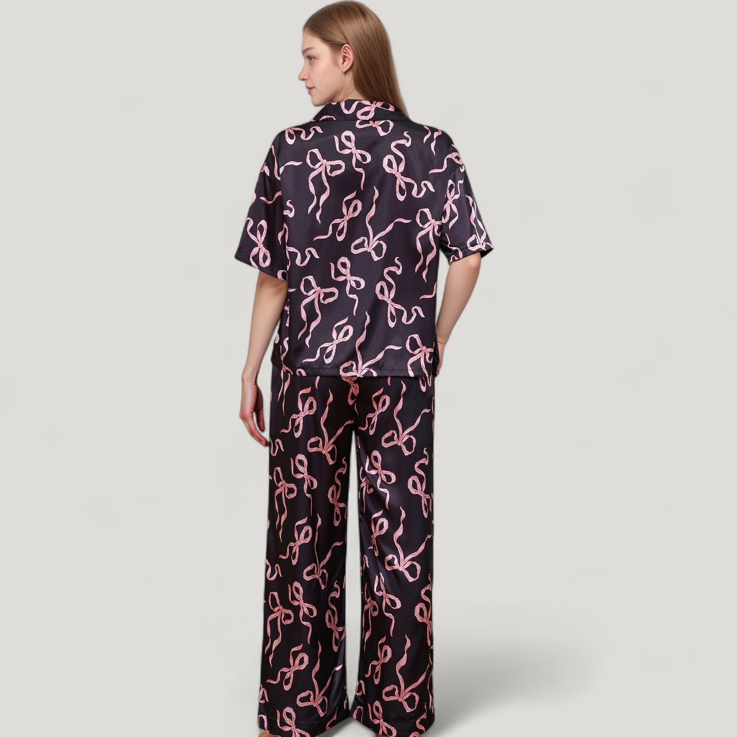 Satin Button-Up Pajama Set with Short Sleeve Notch Collar Top and Wide Leg Pants in Ribbon Print