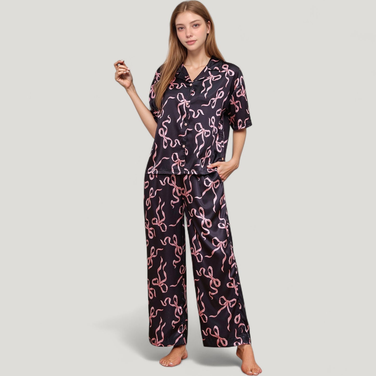 Satin Button-Up Pajama Set with Short Sleeve Notch Collar Top and Wide Leg Pants in Ribbon Print
