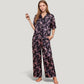 Satin Button-Up Pajama Set with Short Sleeve Notch Collar Top and Wide Leg Pants in Ribbon Print