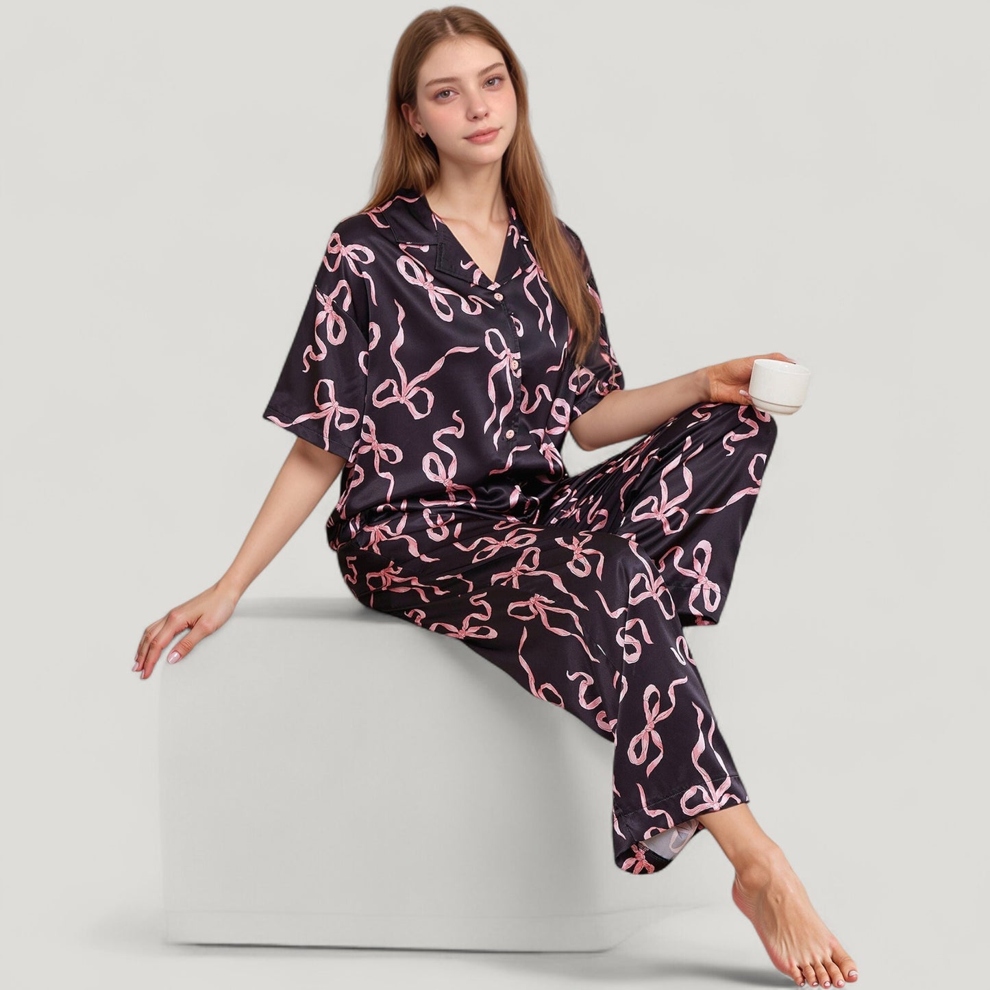 Satin Button-Up Pajama Set with Short Sleeve Notch Collar Top and Wide Leg Pants in Ribbon Print