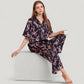 Satin Button-Up Pajama Set with Short Sleeve Notch Collar Top and Wide Leg Pants in Ribbon Print