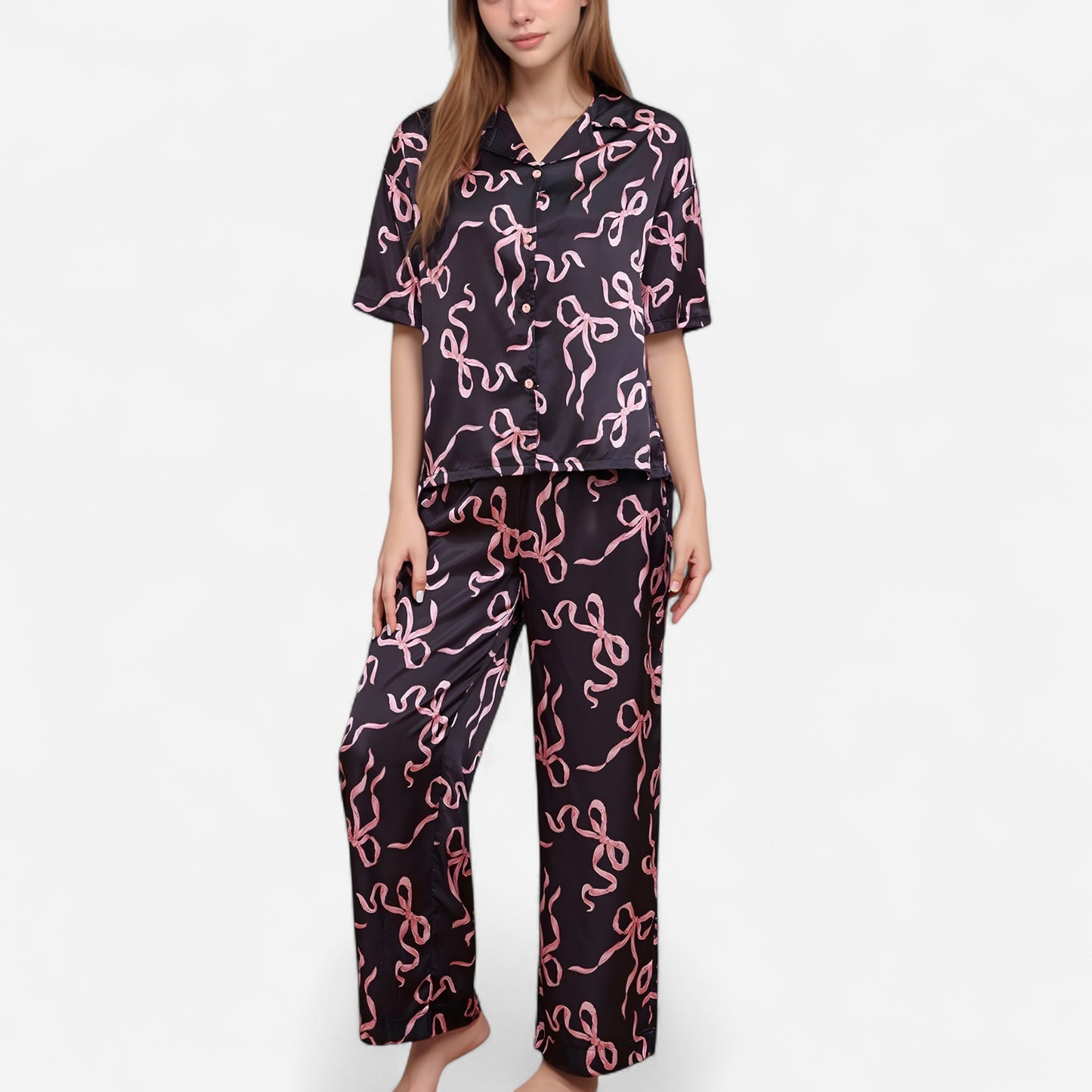 Satin Button-Up Pajama Set with Short Sleeve Notch Collar Top and Wide Leg Pants in Ribbon Print