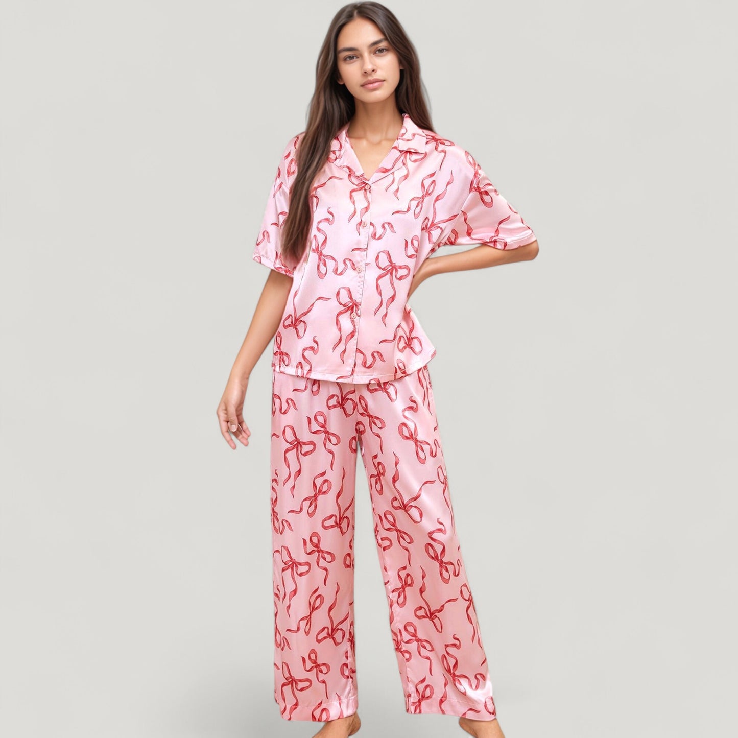 Satin Button-Up Pajama Set with Short Sleeve Notch Collar Top and Wide Leg Pants in Ribbon Print