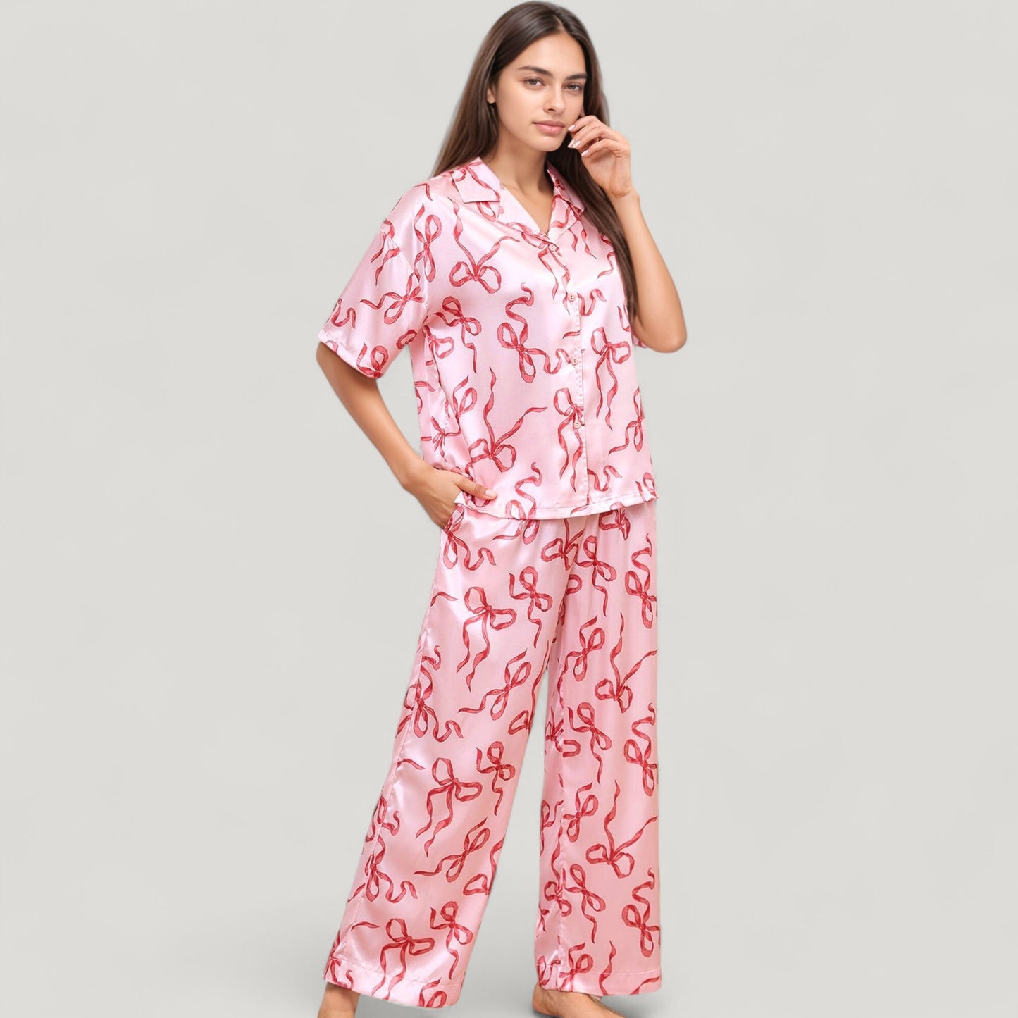 Satin Button-Up Pajama Set with Short Sleeve Notch Collar Top and Wide Leg Pants in Ribbon Print