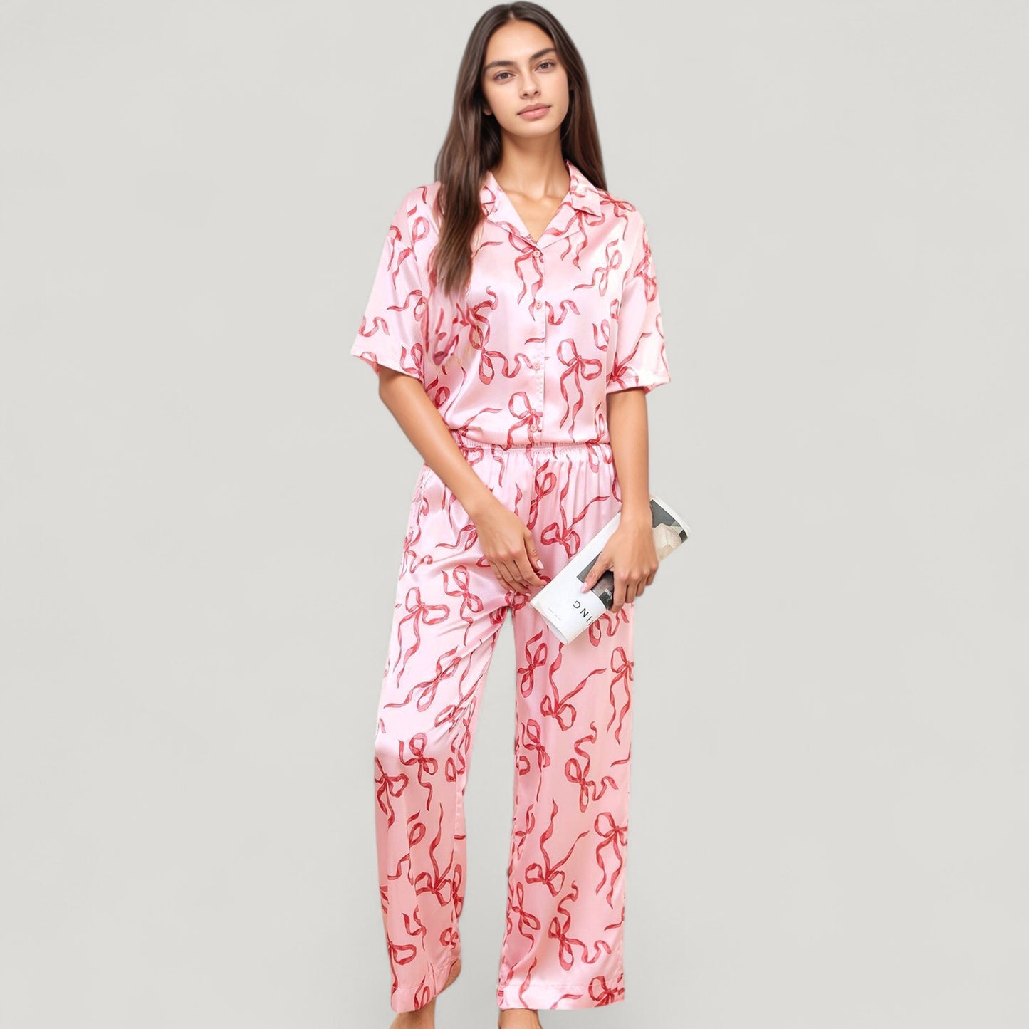 Satin Button-Up Pajama Set with Short Sleeve Notch Collar Top and Wide Leg Pants in Ribbon Print