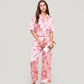 Satin Button-Up Pajama Set with Short Sleeve Notch Collar Top and Wide Leg Pants in Ribbon Print
