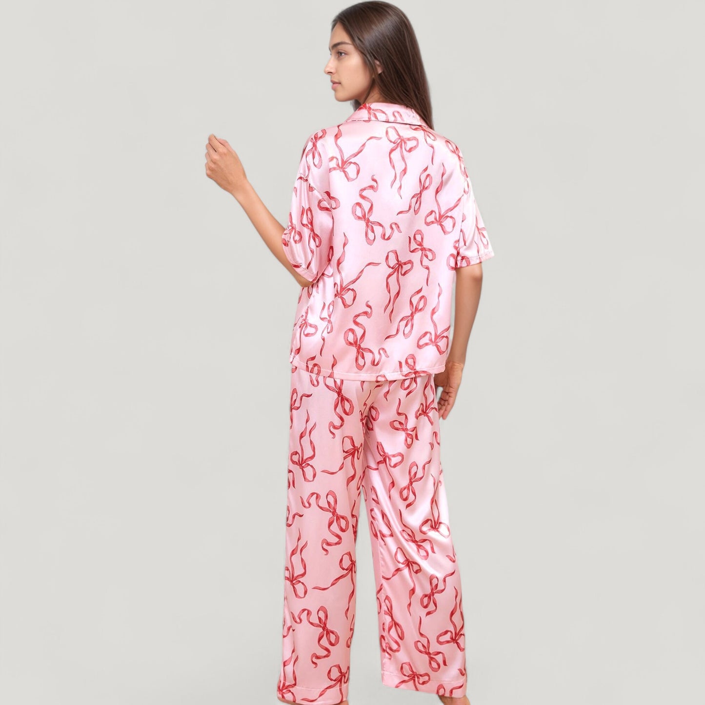 Satin Button-Up Pajama Set with Short Sleeve Notch Collar Top and Wide Leg Pants in Ribbon Print