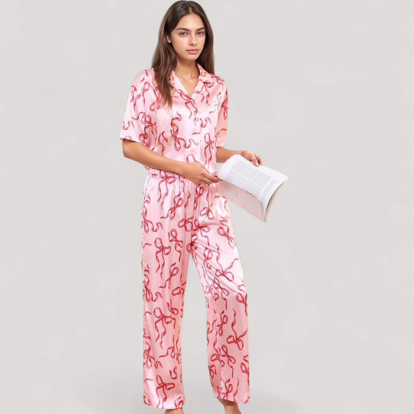 Satin Button-Up Pajama Set with Short Sleeve Notch Collar Top and Wide Leg Pants in Ribbon Print