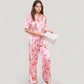 Satin Button-Up Pajama Set with Short Sleeve Notch Collar Top and Wide Leg Pants in Ribbon Print