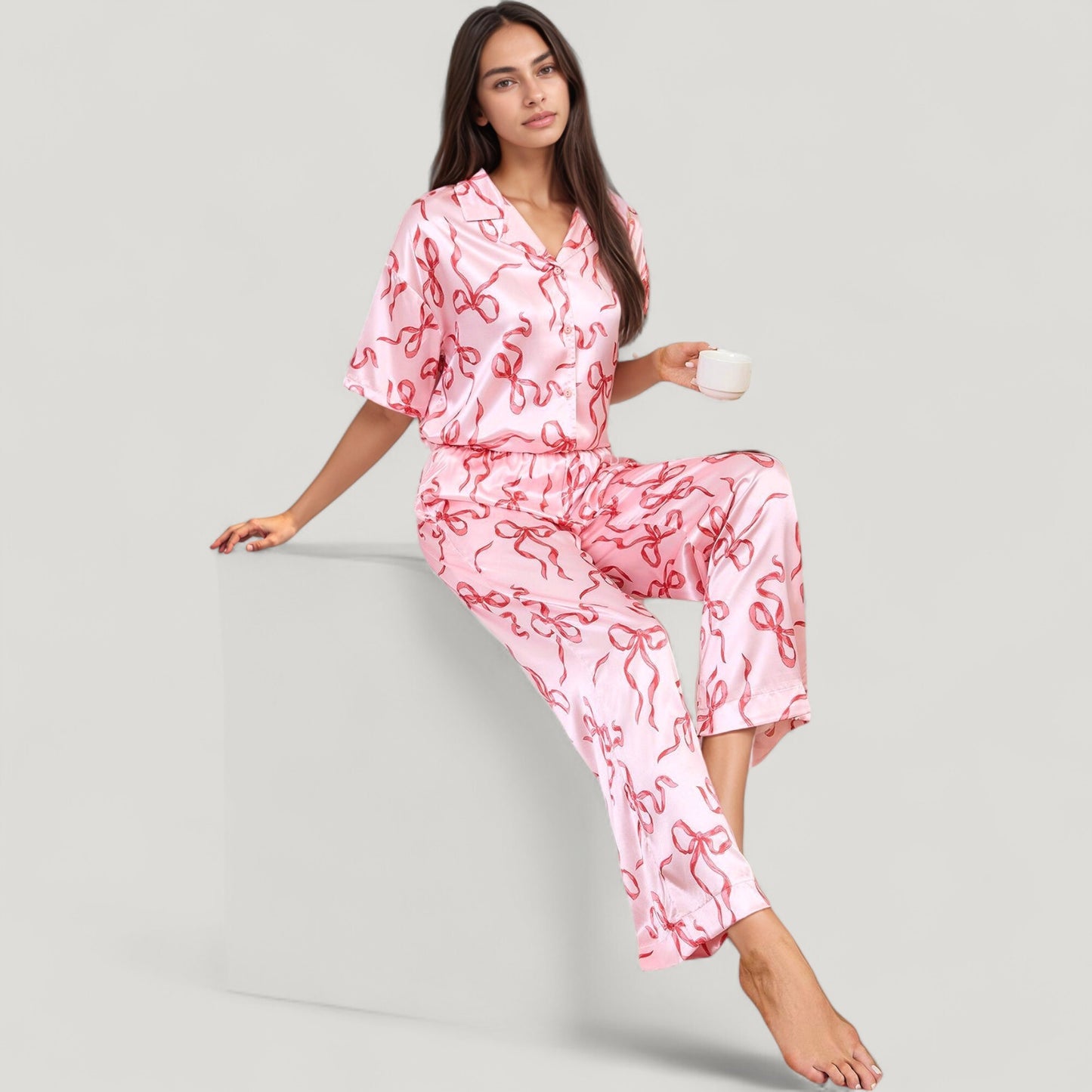 Satin Button-Up Pajama Set with Short Sleeve Notch Collar Top and Wide Leg Pants in Ribbon Print