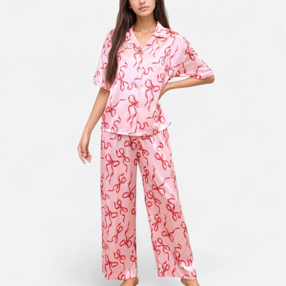 Satin Button-Up Pajama Set with Short Sleeve Notch Collar Top and Wide Leg Pants in Ribbon Print