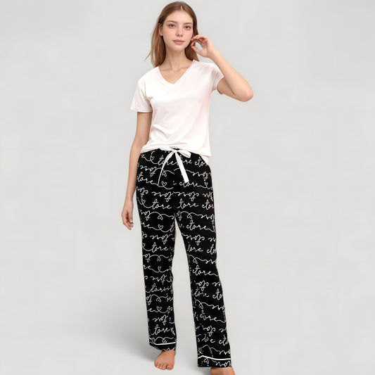 Short Sleeve V-Neck Pajama Set with Script Print Lounge Pants and Drawstring Waistband