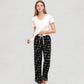 Short Sleeve V-Neck Pajama Set with Script Print Lounge Pants and Drawstring Waistband