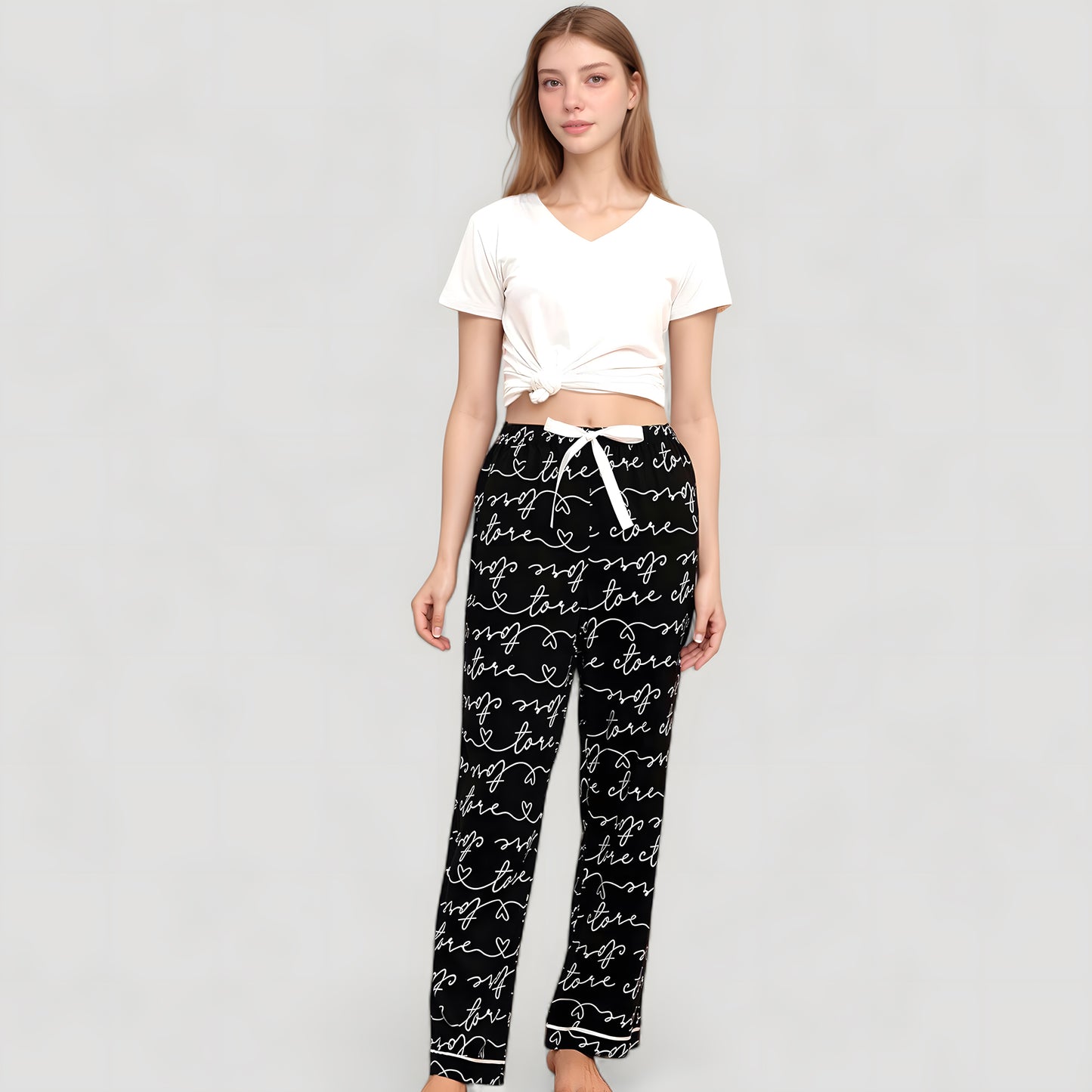Short Sleeve V-Neck Pajama Set with Script Print Lounge Pants and Drawstring Waistband