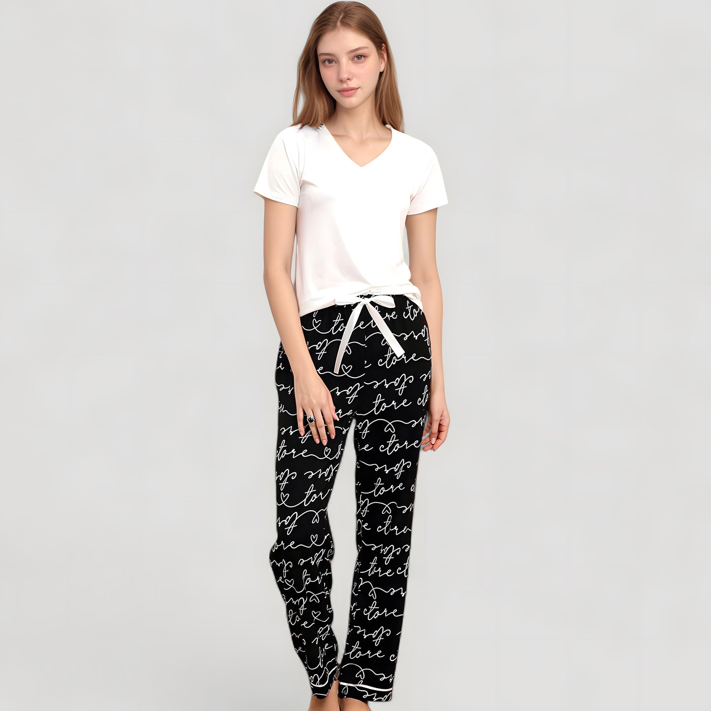 Short Sleeve V-Neck Pajama Set with Script Print Lounge Pants and Drawstring Waistband