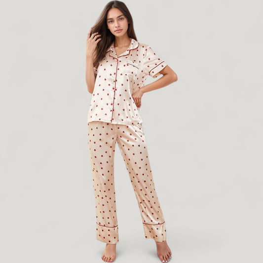 Satin Pajama Set with Short Sleeve Notch Collar Button-Up Top and Polka Dot Wide Leg Pants