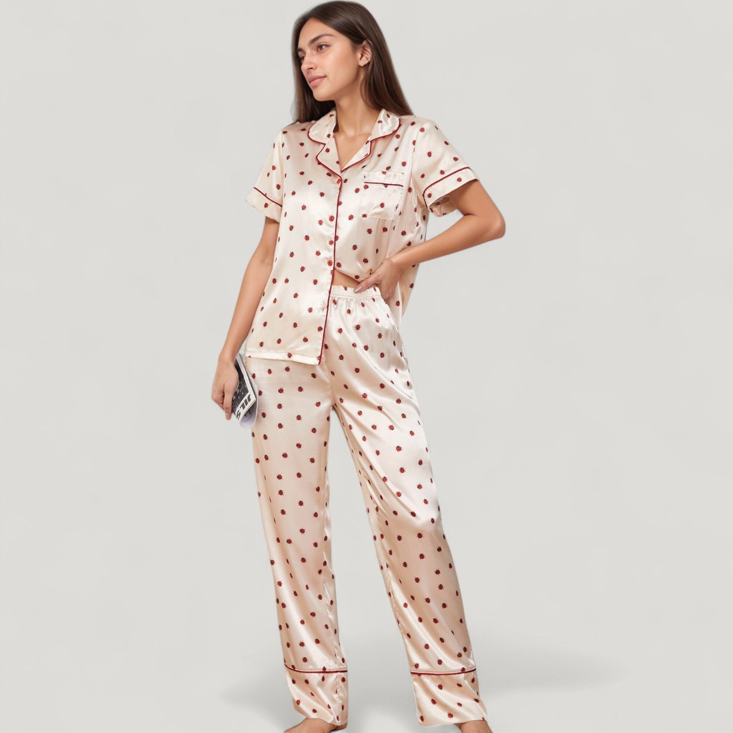 Satin Pajama Set with Short Sleeve Notch Collar Button-Up Top and Polka Dot Wide Leg Pants