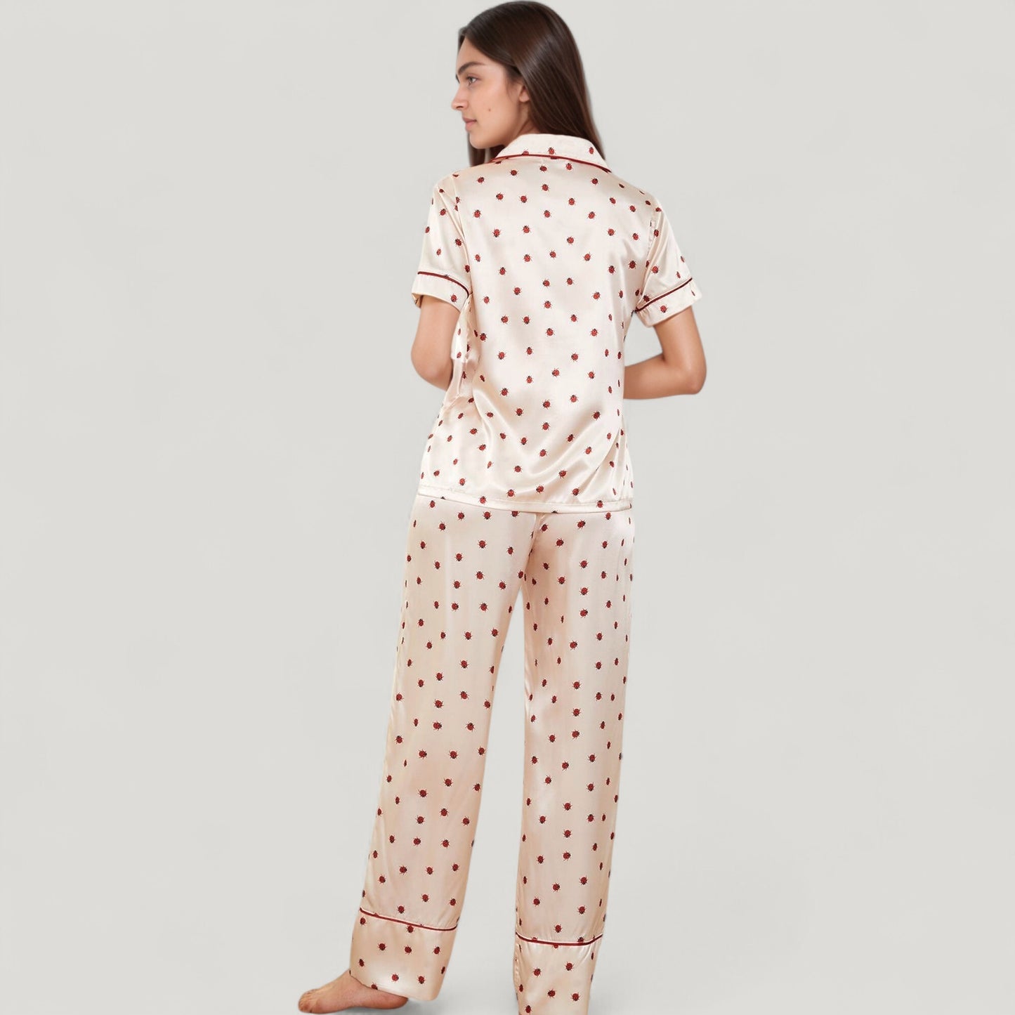 Satin Pajama Set with Short Sleeve Notch Collar Button-Up Top and Polka Dot Wide Leg Pants
