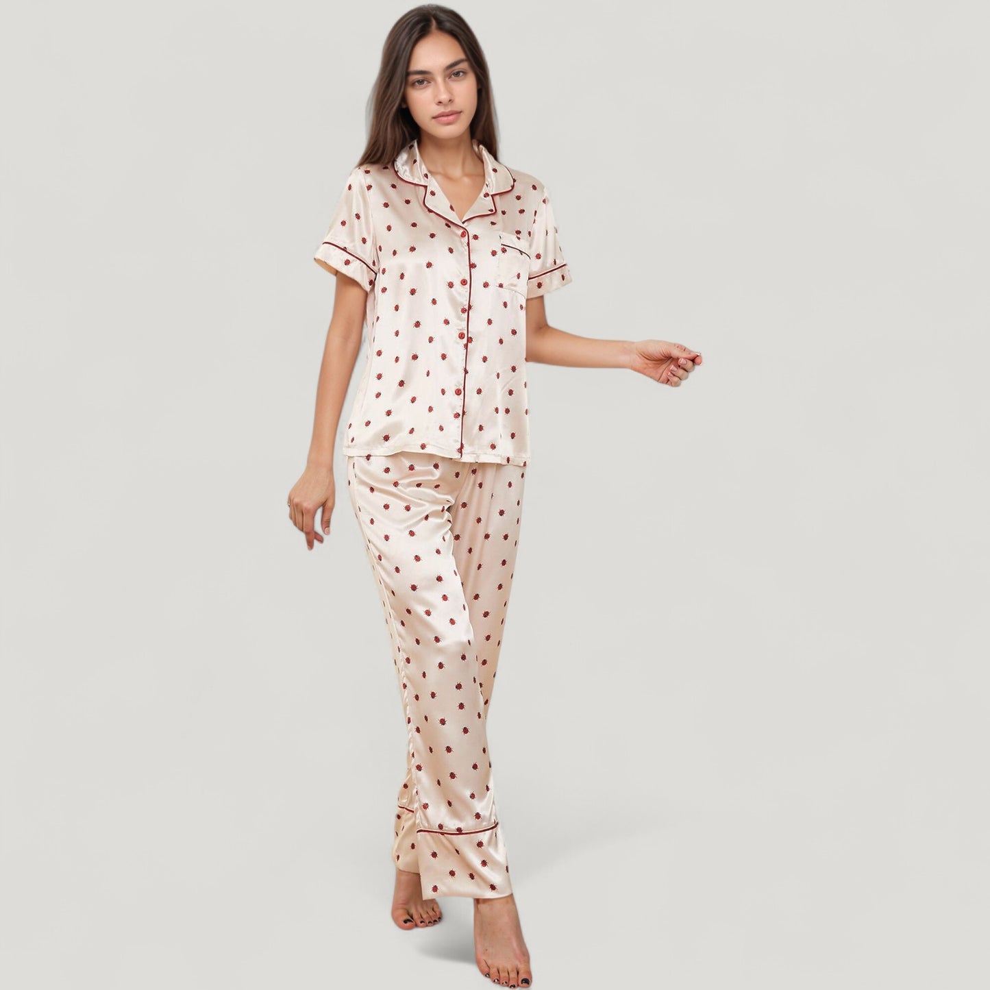 Satin Pajama Set with Short Sleeve Notch Collar Button-Up Top and Polka Dot Wide Leg Pants