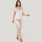 Satin Pajama Set with Short Sleeve Notch Collar Button-Up Top and Polka Dot Wide Leg Pants