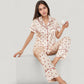 Satin Pajama Set with Short Sleeve Notch Collar Button-Up Top and Polka Dot Wide Leg Pants
