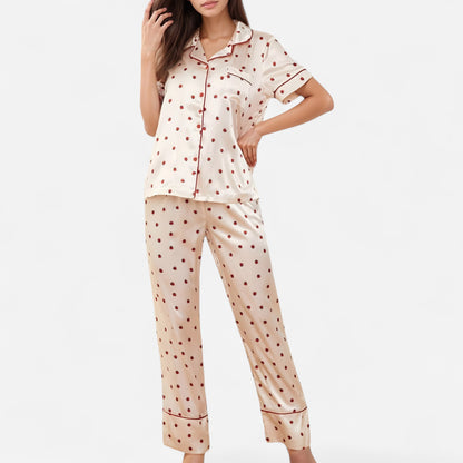 Satin Pajama Set with Short Sleeve Notch Collar Button-Up Top and Polka Dot Wide Leg Pants