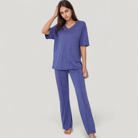 Short Sleeve V-Neck Pajama Set with Relaxed Fit Knit Top and Wide Leg Lounge Pants