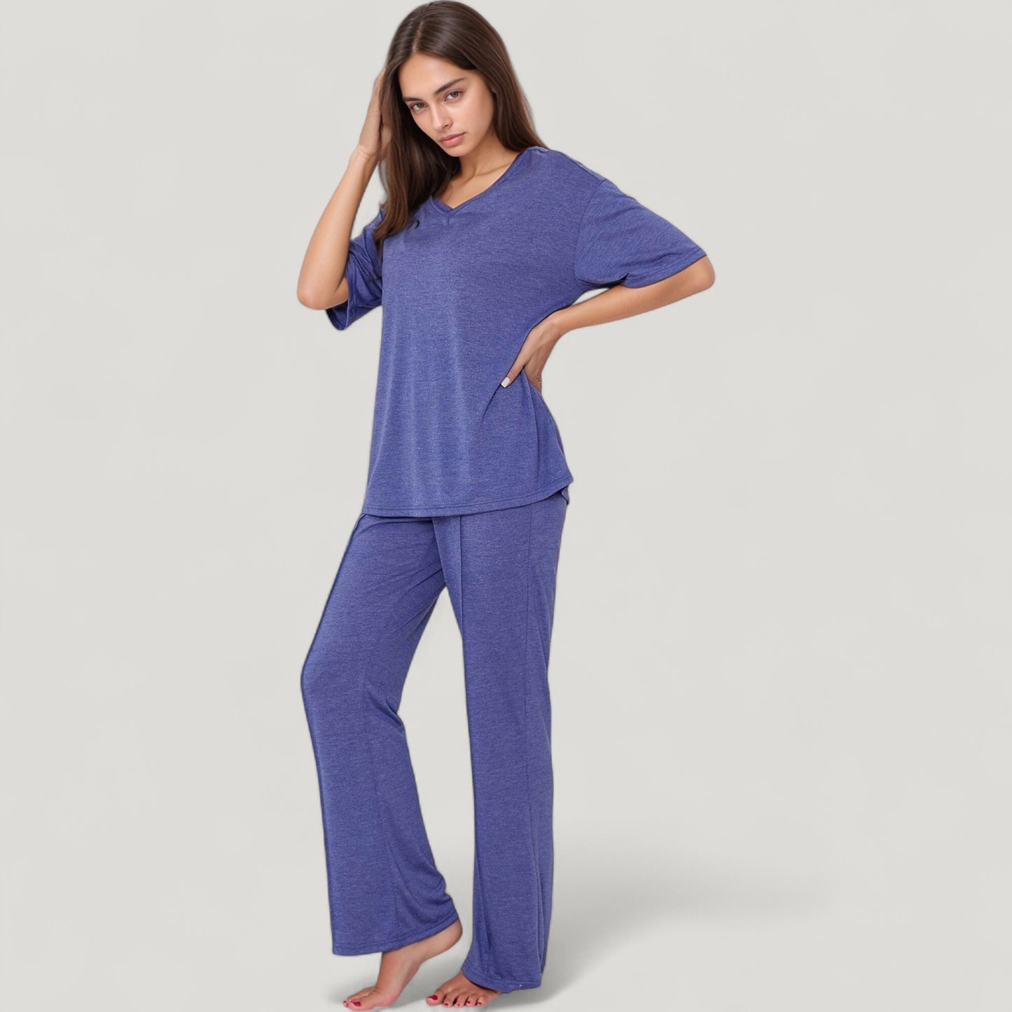Short Sleeve V-Neck Pajama Set with Relaxed Fit Knit Top and Wide Leg Lounge Pants
