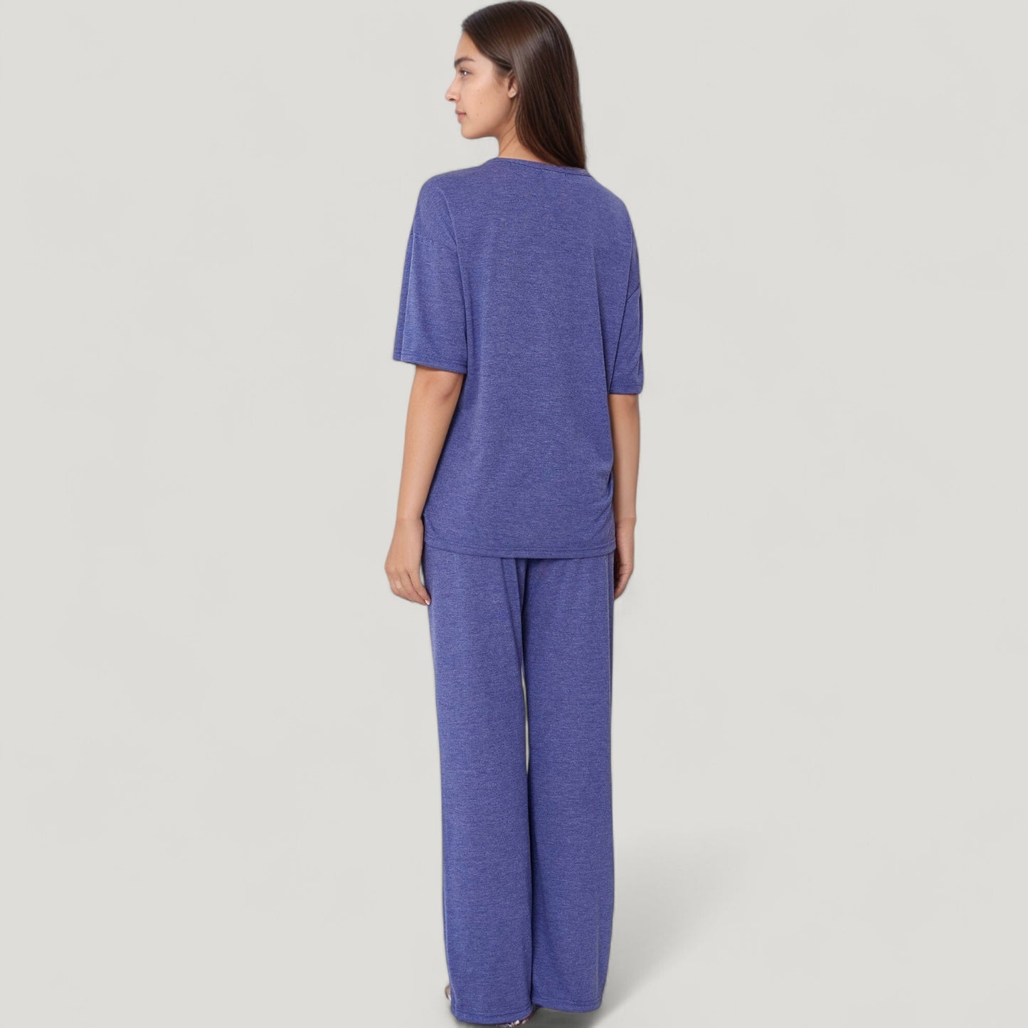 Short Sleeve V-Neck Pajama Set with Relaxed Fit Knit Top and Wide Leg Lounge Pants