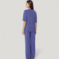 Short Sleeve V-Neck Pajama Set with Relaxed Fit Knit Top and Wide Leg Lounge Pants
