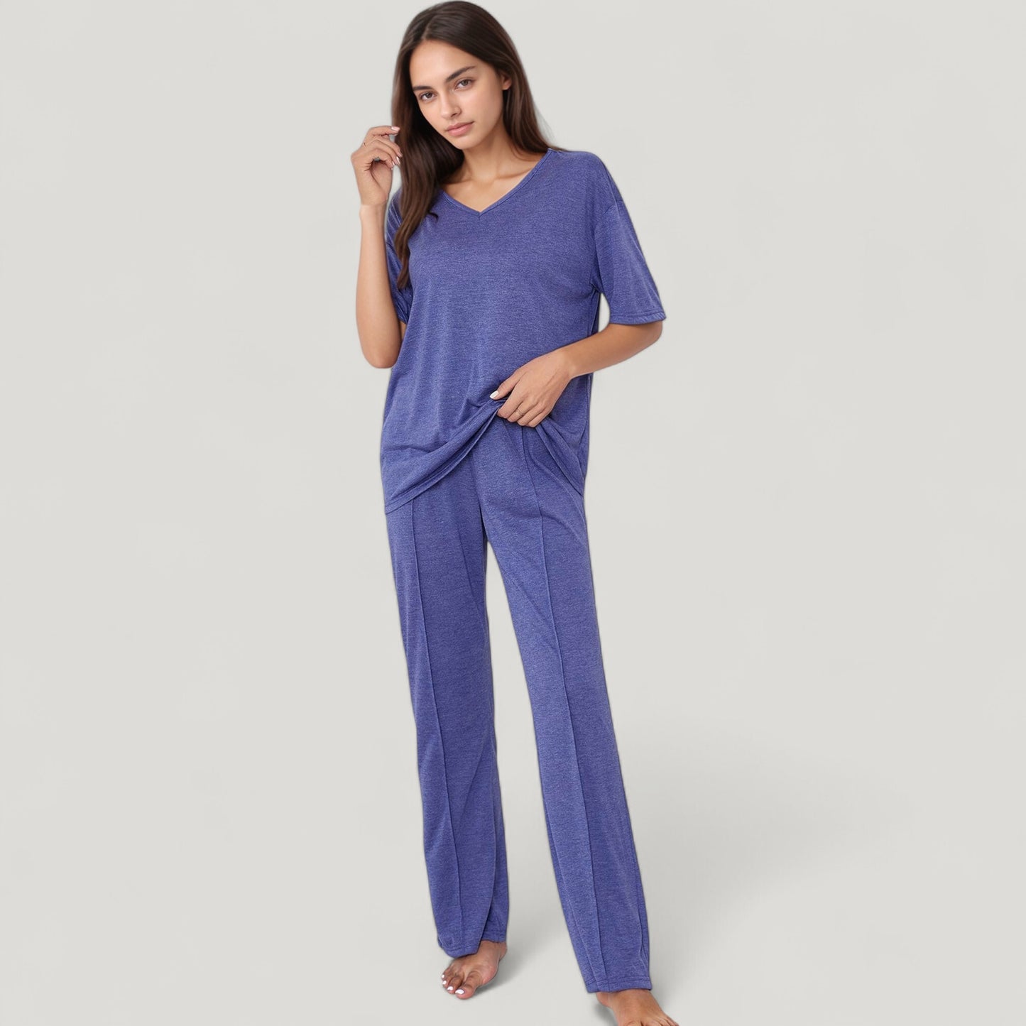 Short Sleeve V-Neck Pajama Set with Relaxed Fit Knit Top and Wide Leg Lounge Pants