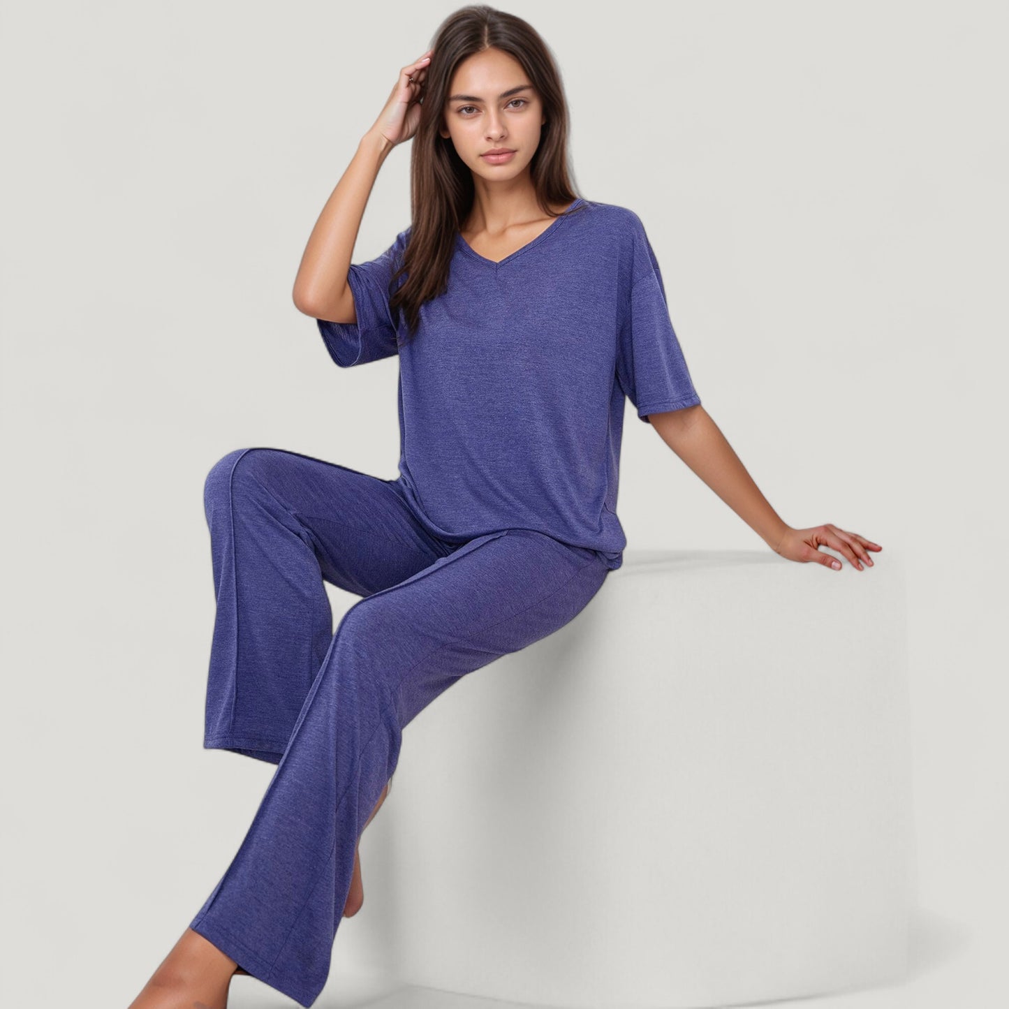 Short Sleeve V-Neck Pajama Set with Relaxed Fit Knit Top and Wide Leg Lounge Pants