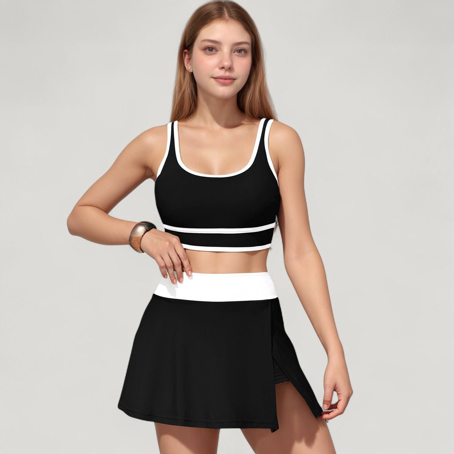 Scoop Neck Bikini Top and High Waist Skirted Swim Bottom Set with Contrast Trim Detail