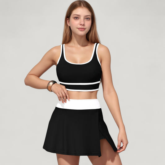 Scoop Neck Bikini Top and High Waist Skirted Swim Bottom Set with Contrast Trim Detail