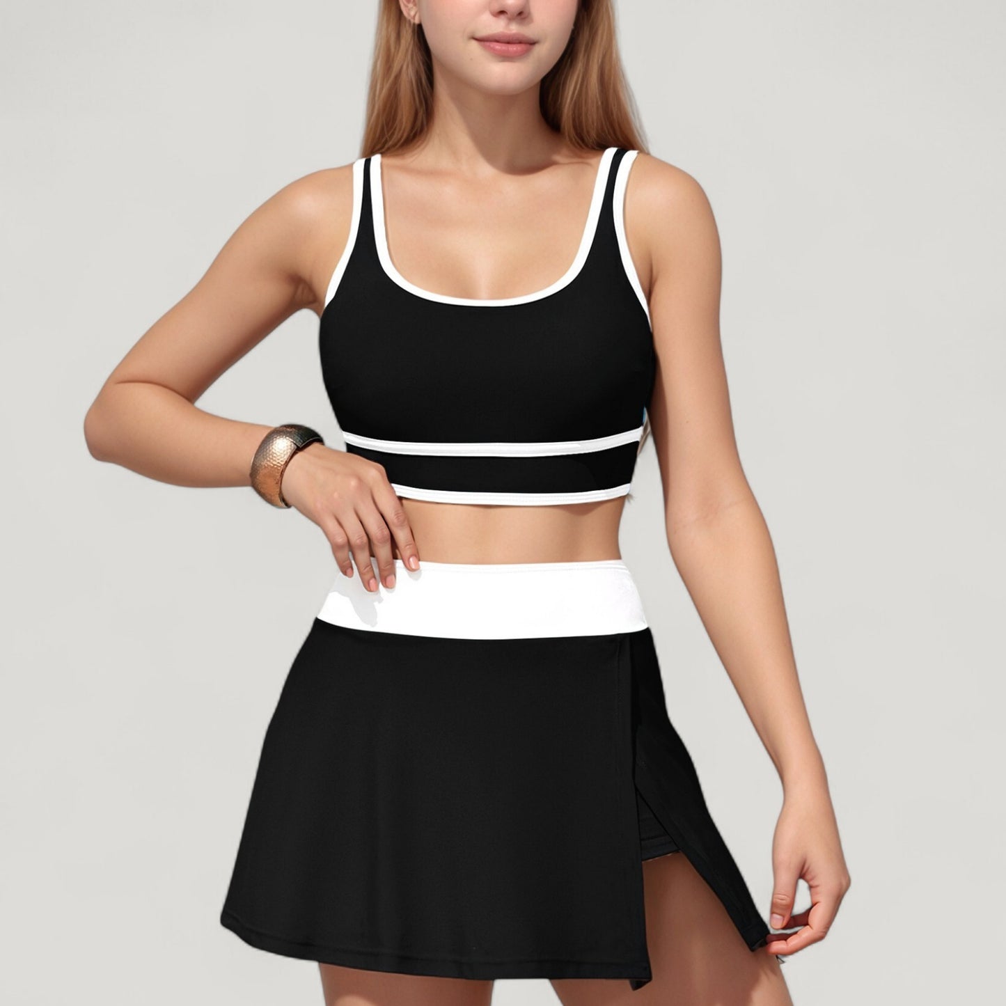 Scoop Neck Bikini Top and High Waist Skirted Swim Bottom Set with Contrast Trim Detail