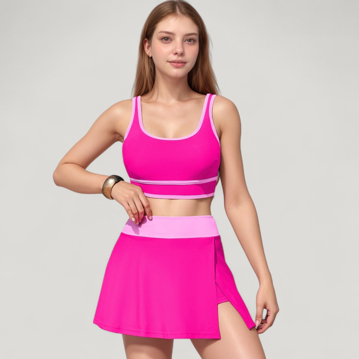 Scoop Neck Bikini Top and High Waist Skirted Swim Bottom Set with Contrast Trim Detail