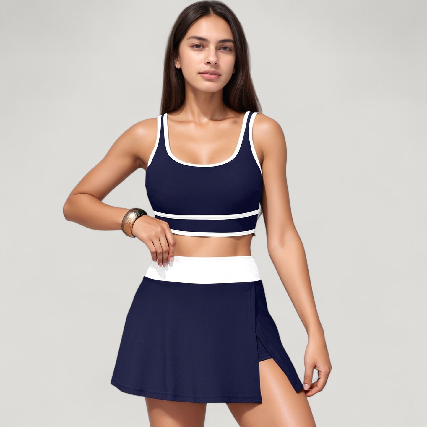Scoop Neck Bikini Top and High Waist Skirted Swim Bottom Set with Contrast Trim Detail