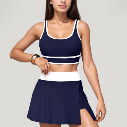 Scoop Neck Bikini Top and High Waist Skirted Swim Bottom Set with Contrast Trim Detail