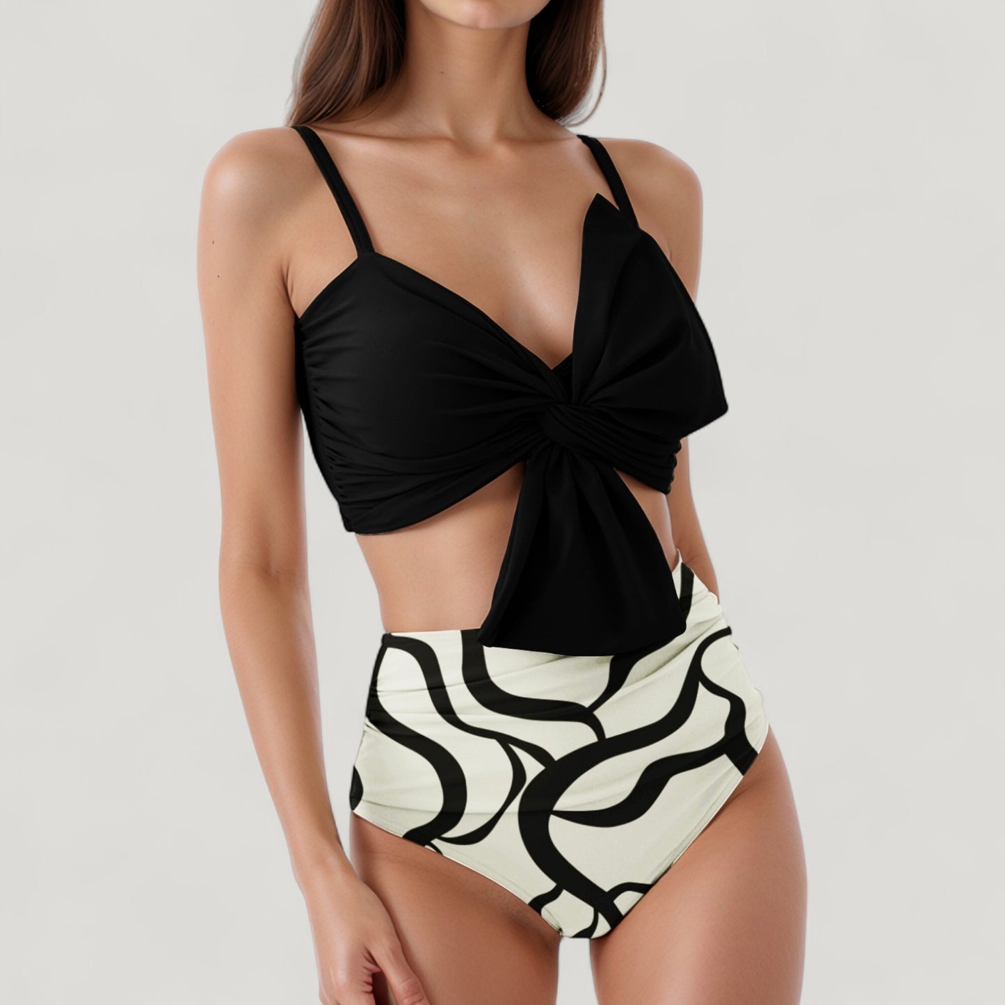 Knot Front Bikini Top and High Waist Abstract Print Bottom Two-Piece Swimsuit