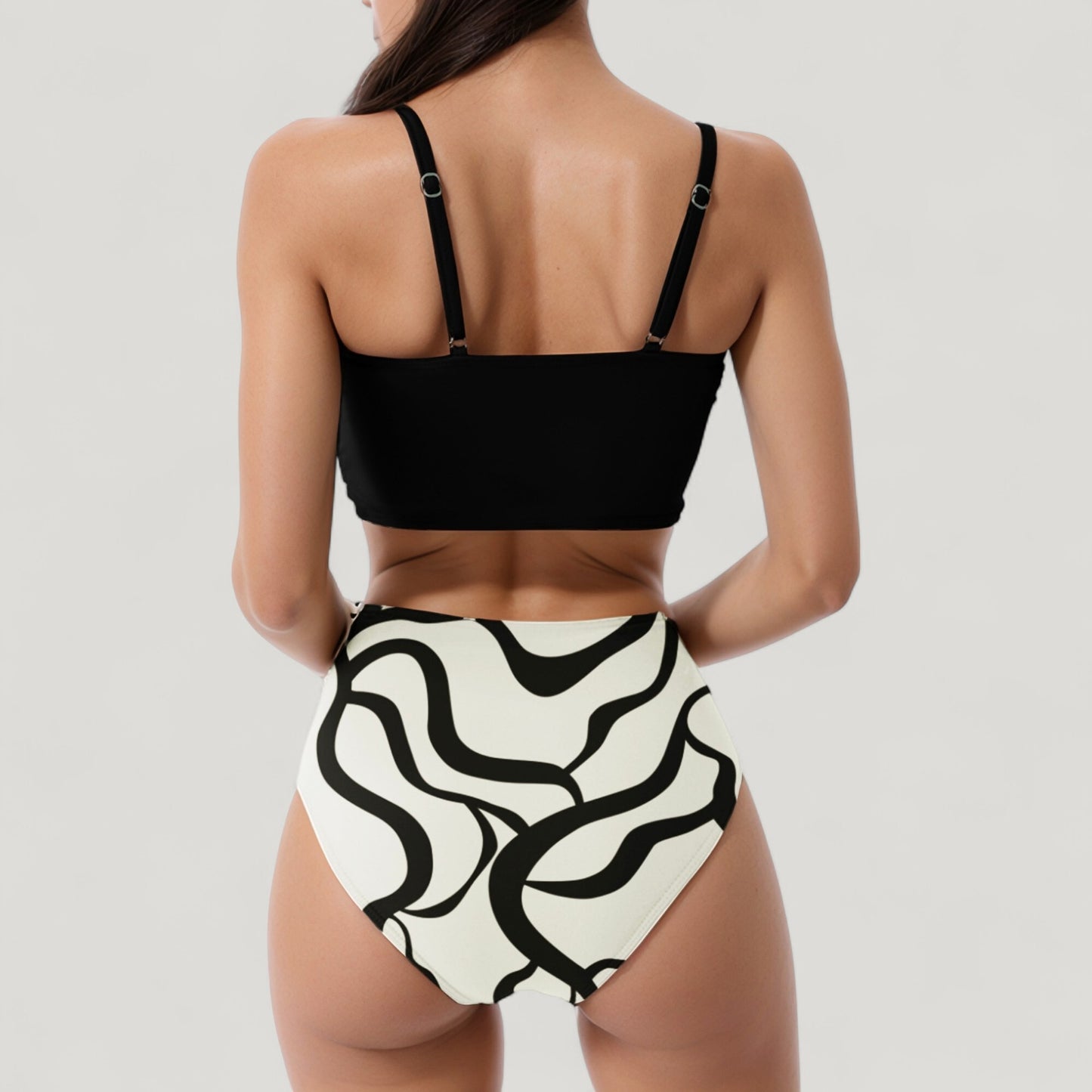 Knot Front Bikini Top and High Waist Abstract Print Bottom Two-Piece Swimsuit