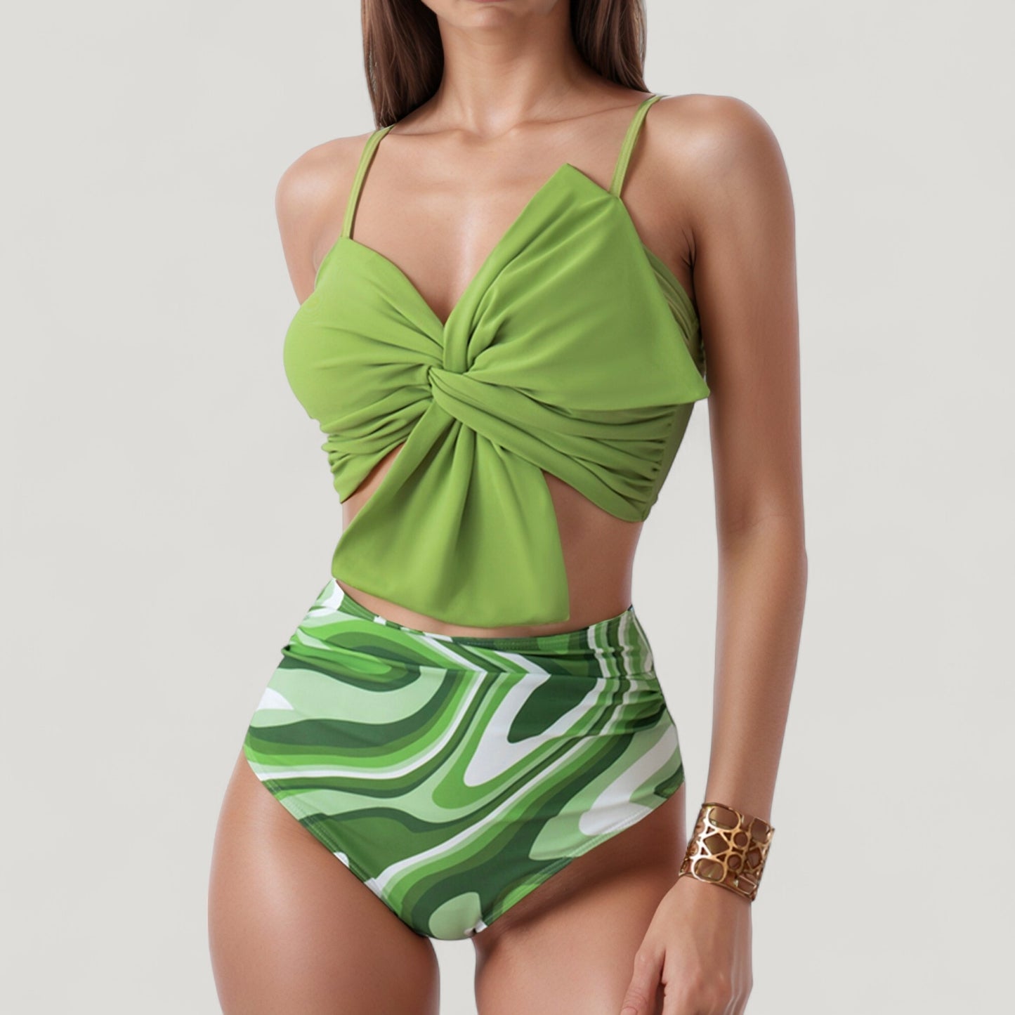 Knot Front Bikini Top and High Waist Abstract Print Bottom Two-Piece Swimsuit