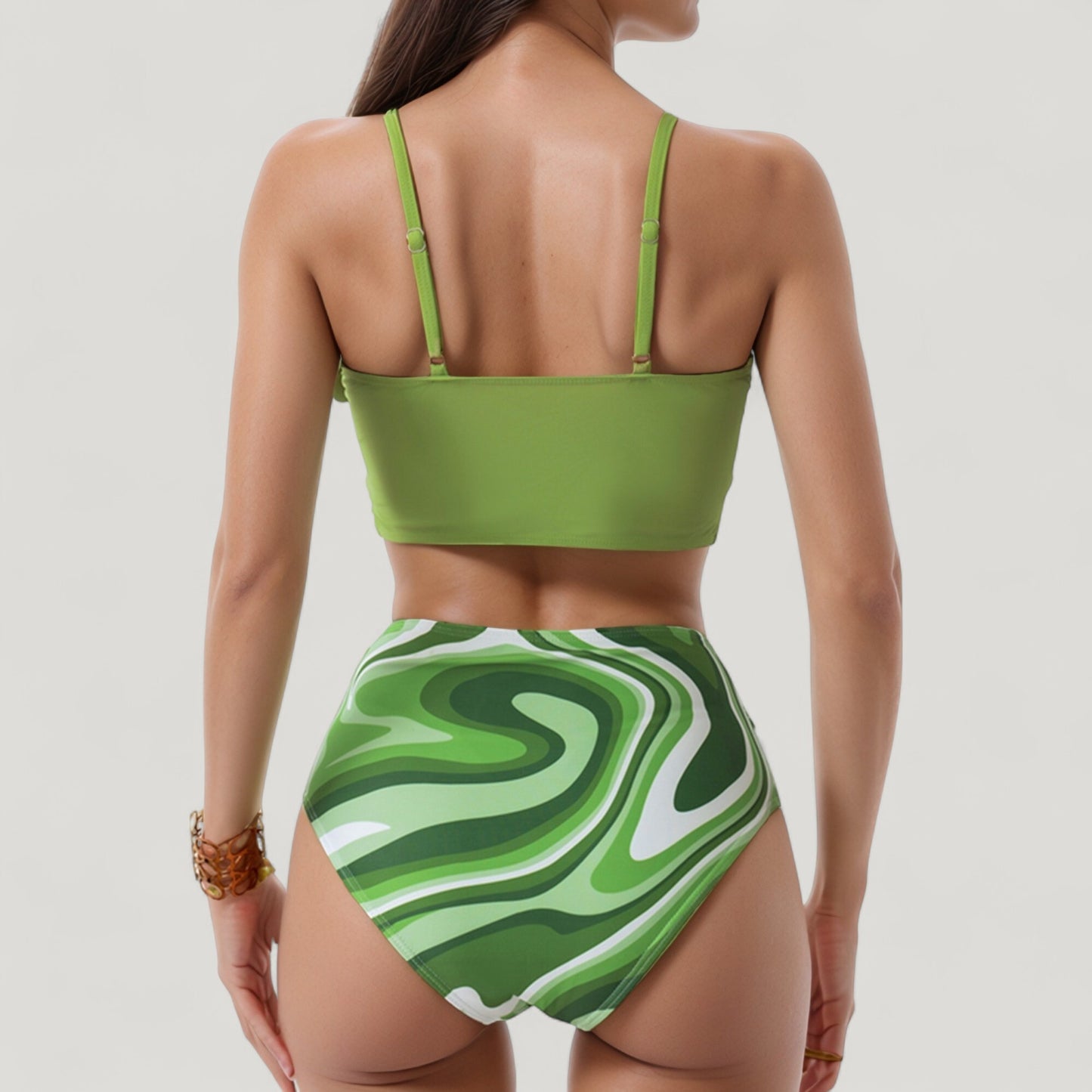 Knot Front Bikini Top and High Waist Abstract Print Bottom Two-Piece Swimsuit