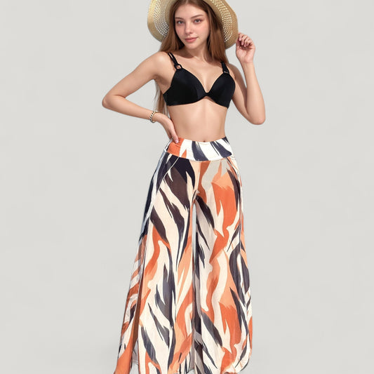 Three-Piece Swimsuit Set with Bikini Top High Waist Bottom and Sheer Abstract Print Wide Leg Pants