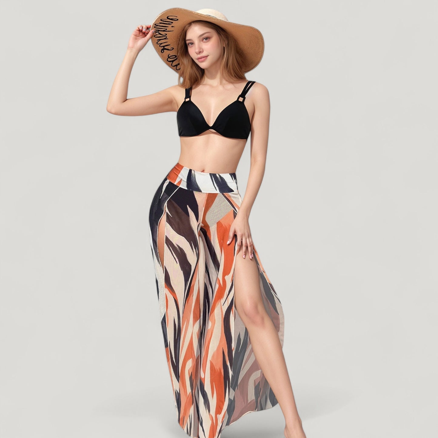 Three-Piece Swimsuit Set with Bikini Top High Waist Bottom and Sheer Abstract Print Wide Leg Pants