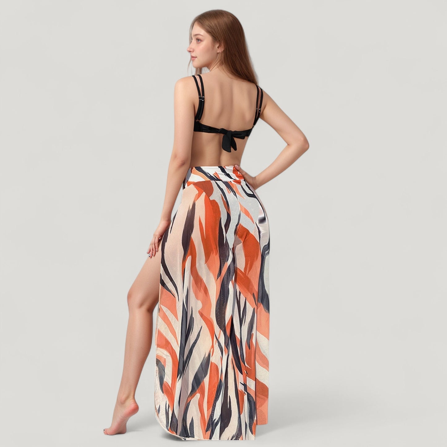 Three-Piece Swimsuit Set with Bikini Top High Waist Bottom and Sheer Abstract Print Wide Leg Pants