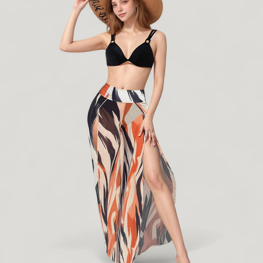 Three-Piece Swimsuit Set with Bikini Top High Waist Bottom and Sheer Abstract Print Wide Leg Pants