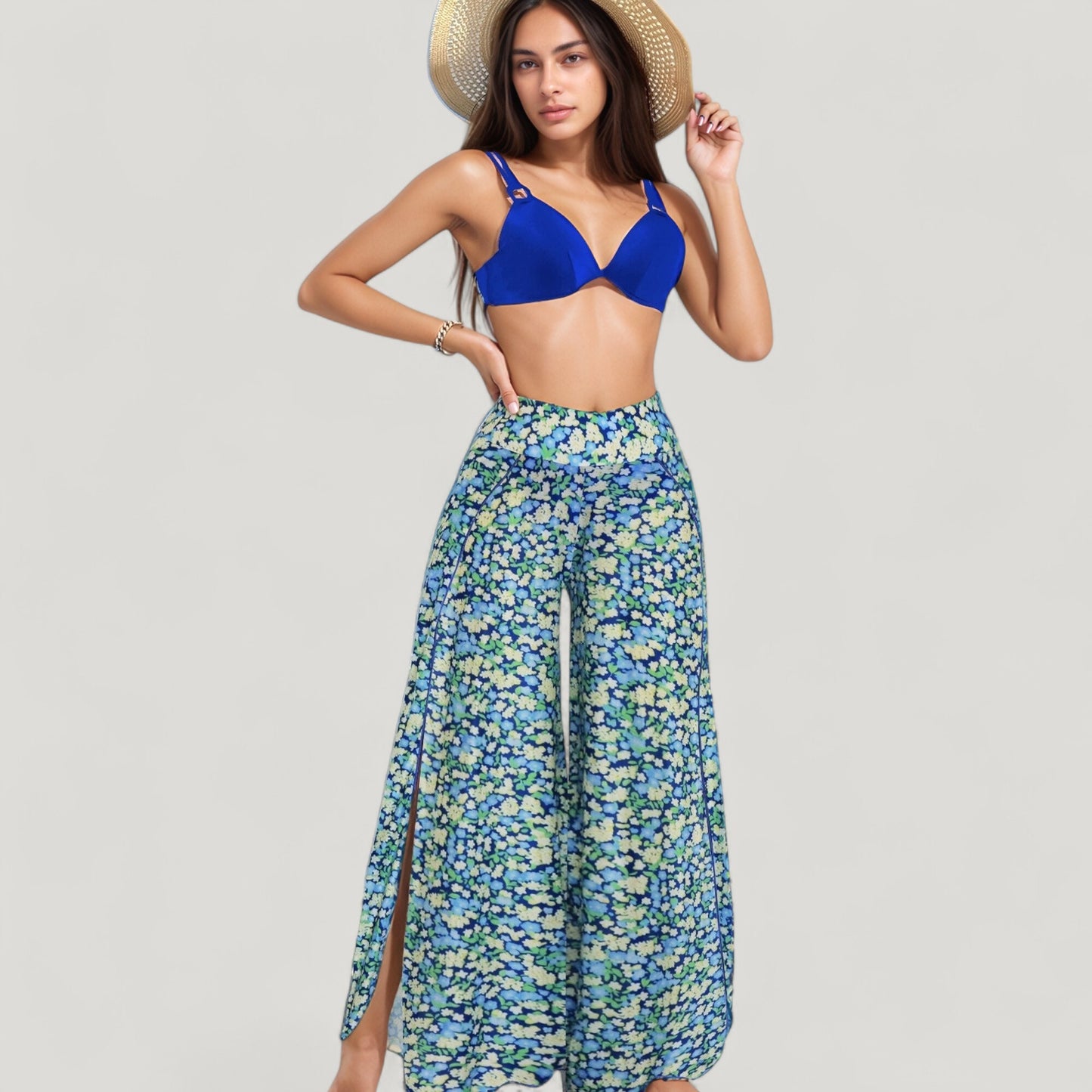 Three-Piece Swimsuit Set with Bikini Top High Waist Bottom and Sheer Abstract Print Wide Leg Pants